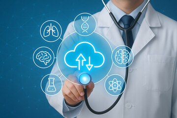 Doctor holding a stethoscope and a futuristic cloud icon, symbolizing the integration of AI and cloud computing in modern healthcare and medical data management