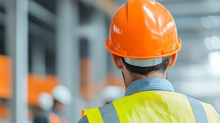 Back view of construction contractor wearing hard hat and reflective vest, standing at building site while observing workers and machinery in operation.