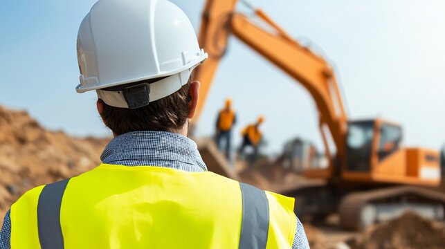 Back view of construction contractor wearing hard hat and reflective vest, standing at building site while observing workers and machinery in operation.