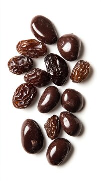 Pile of dark chocolate covered raisins and dried raisins on a white background