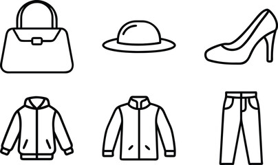 Fashion clothing icons handbag hat high heel jacket pants