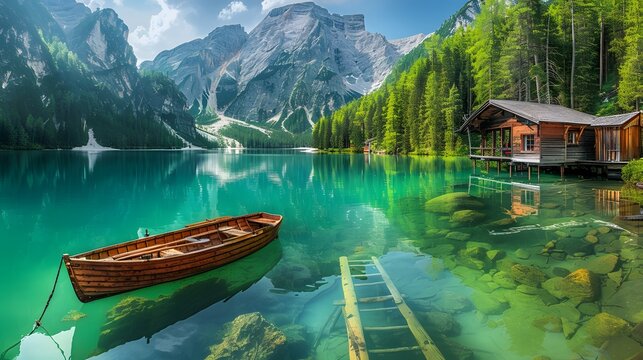 A scenic view of a wooden boat on a clear lake with mountains and a cabin in the background on a sunny day
