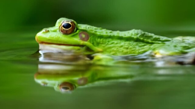 Vibrant Green Frog Watching Patiently from Calm Pond Water with a Shimmering Reflection