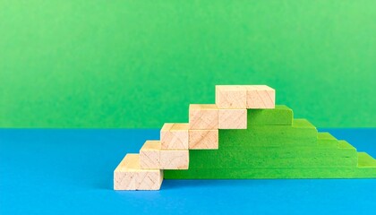 Abstract Staircase Made Of Wooden Blocks With Green And Blue Gradient Background
