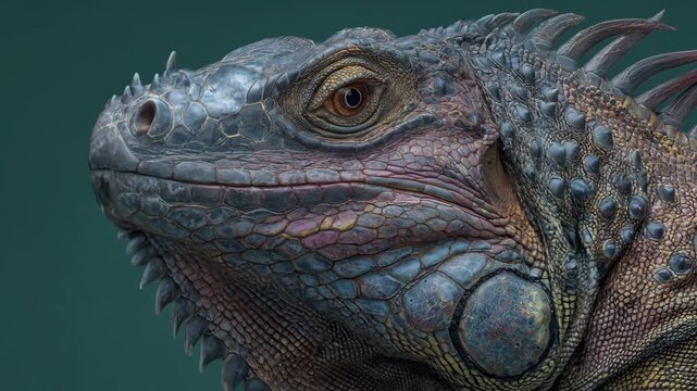 A Detailed Macro Journey Across the Iridescent Scales and Ancient, Textured Face of a Majestic Iguana