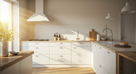 Modern bright white kitchen with light wood countertops and natural sunlight streaming in