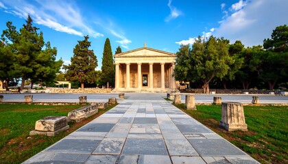 Obraz premium A paved walkway leads toward a classical temple, surrounded by lush greenery and a vibrant, sunny sky.