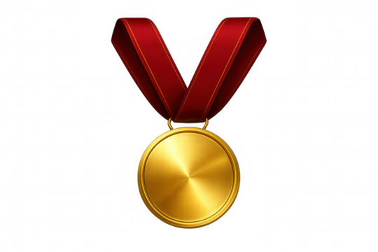 Gold medal dangling from vibrant red ribbon, symbolizing triumph and excellence against translucent backdrop