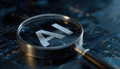 AI magnified by a magnifying glass over circuit board