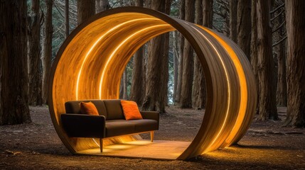 Wooden circular structure with seating area in a forest setting.