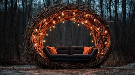 A circular, handcrafted nest-like structure with an embedded seating area.
