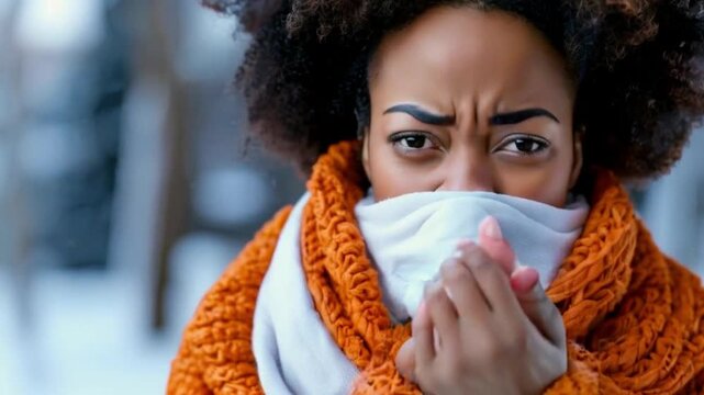African American woman wrapped in warm clothes due to chills has flu and sneezes in napkin.