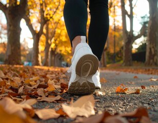 Low angle perspective of a person in athletic wear walking on a path covered with vibrant fallen leaves during autumn