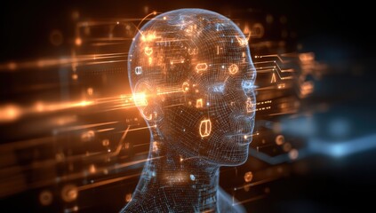 Digital human head, glowing with data streams
