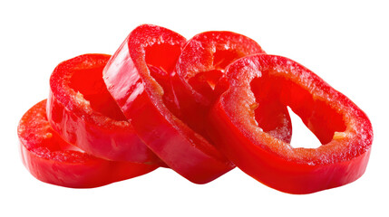 Sliced red bell pepper rings stacked on a white background.