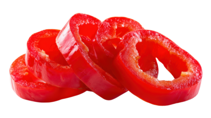 Sliced red bell pepper rings stacked on a white background.