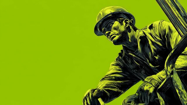 Stylized Industrial Laborer Animation: A Dynamic Graphic Reveal on a Vibrant Green Background.