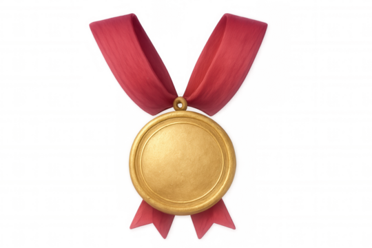 Gold medal dangling from vibrant red ribbon, symbolizing triumph and excellence against transparent backdrop