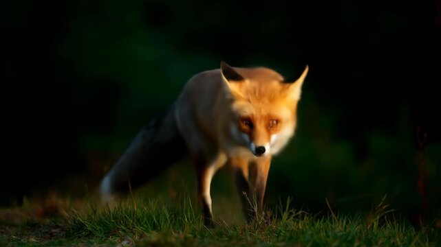 Majestic Red Fox Bathed in Golden Sunset Light Standing in a Serene Grassy Meadow