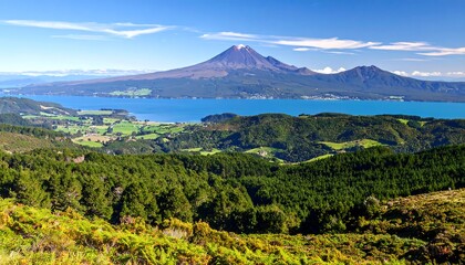 Stunning panoramic view of majestic mountain with a serene lake below