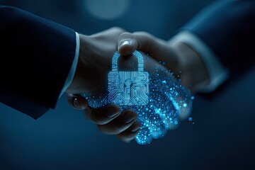 Business handshake, digital lock graphic.  Close-up of two business people shaking hands, with a digital lock graphic overlaid on the handshake.  Blue light, blurred background