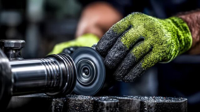 Dynamic Close-Up: Skilled Worker Grinds Metal Component, Sending a Shower of Sparks Flying