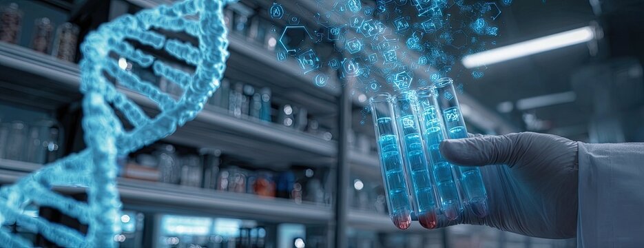 DNA research in a futuristic laboratory setting.  A scientist holds test tubes containing glowing blue liquid, with a translucent DNA helix in the background. 