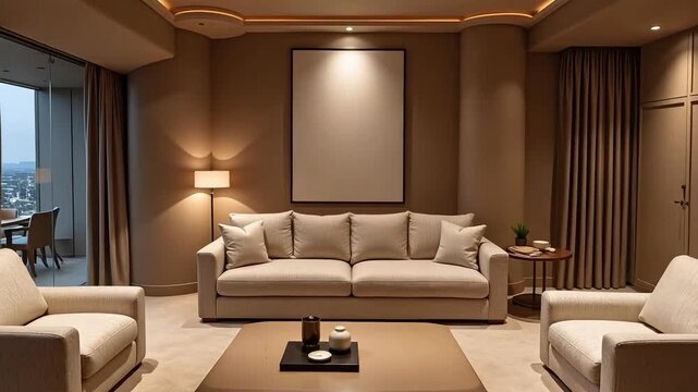 Elegant living room interior with modern furniture and sophisticated lighting design