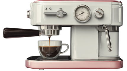 Stylish espresso machine brewing a rich coffee shot in a clear cup, isolated on a white background.