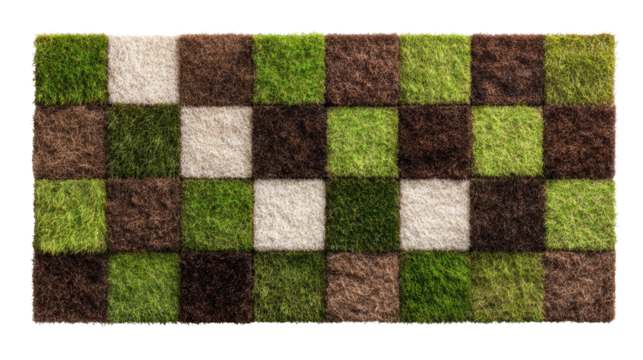 Textured carpet with a patchwork design in green and brown shades, isolated on a white background.