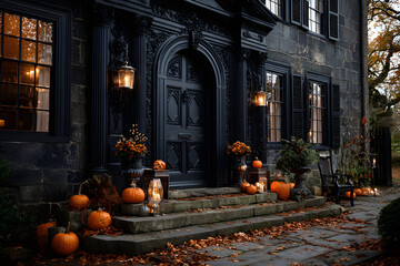 Black house door with carved pumpkins