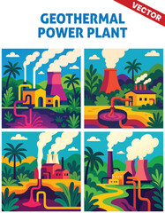 Various Geothermal Power Plant vector illustration with Colorful Landscape, Emitting Steam and Hot Fluid from Pipes in Lush Greenery with Vibrant Tropical Trees