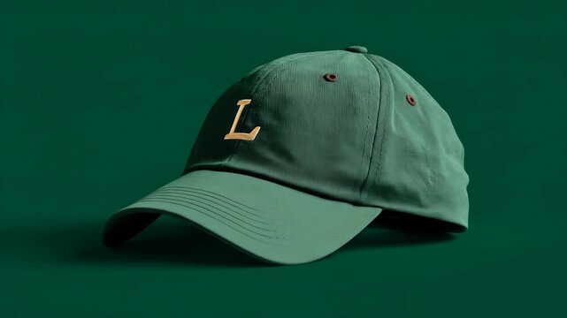 Stylish Green Baseball Cap with Gold Embroidered Letter 'L' in a Smooth Studio Reveal