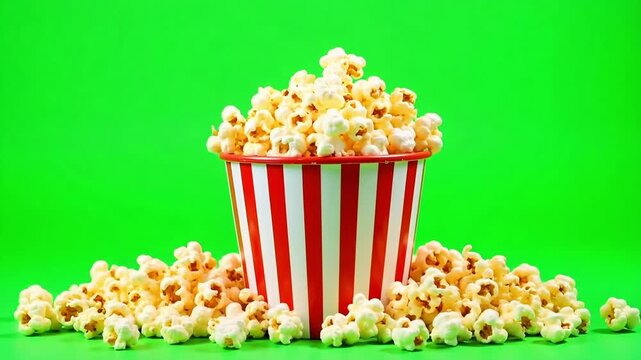 Dynamic popcorn overflowing a classic red and white striped bucket, ready to enjoy