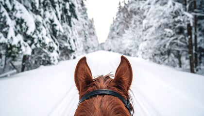 Horse's back view on a snowy trail