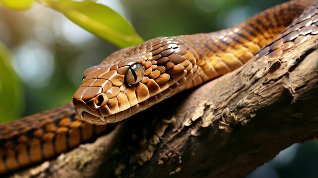 Brown snake on the tree branch. Wildlife close up background concept..