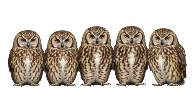 A delightful group of five short eared owls displaying their magnificent patterned plumage and piercing amber eyes