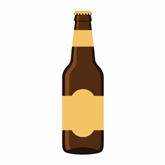 A modern, stylized beer bottle with a simple label, rendered as a 2D flat vector illustration featuring minimalist solid colors, isolated on a clean white background at an eye-level angle.