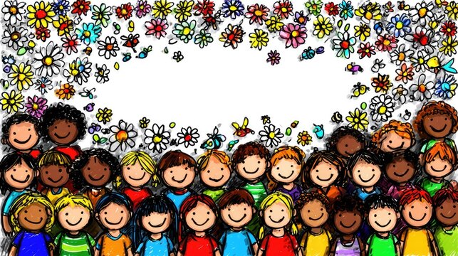 Diverse children with flowers and insects form a cheerful background.