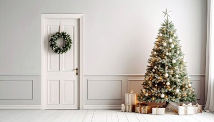 Fototapeta premium Festive Tree and Door Decor in a Cozy Living Room