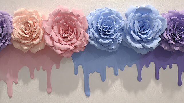 Large paper roses in pastel shades with dripping paint effect.