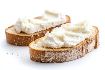 Two slices of rustic bread topped with creamy white cheese spread on a white background