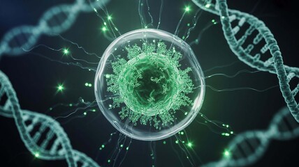 DNA.while out-of-focus DNA double helices frame the edges.