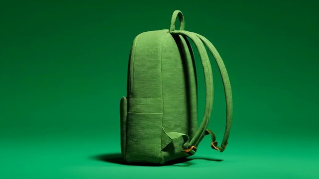 Stylish Green Textured Backpack Rotating in a Clean, Minimalist Studio Product Video