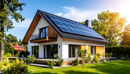 Sustainable living modern house with solar panels on the rooftop amidst greenery