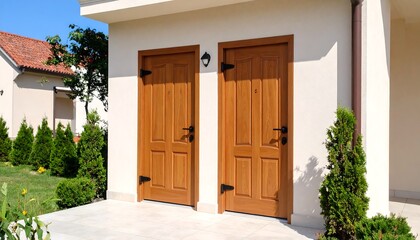 Stylish Wooden Doors in Modern Building Exterior with Landscaped Yard