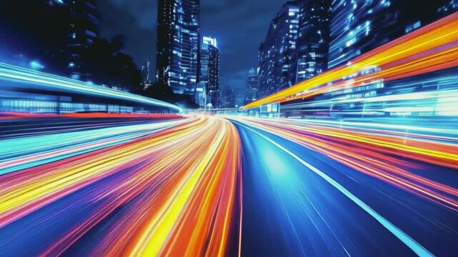 Car motion trails. Speed light streaks background with blurred fast moving light effect, Racing cars dynamic flash effects city road with long exposure night lights.