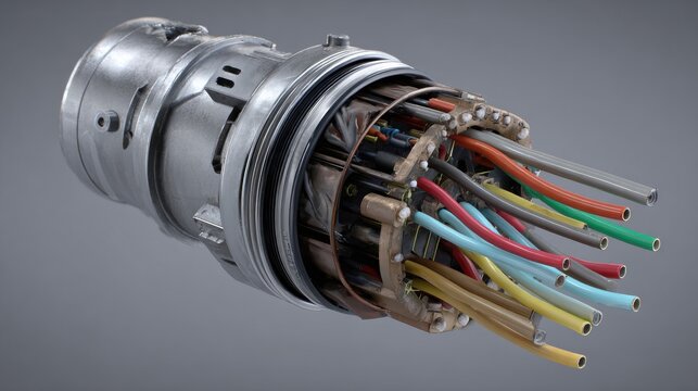 Close up view of a heavy duty metal connector with exposed colorful wires and internal components