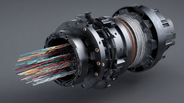 Intricate industrial connector with numerous colorful wires emerging from a complex mechanical housing