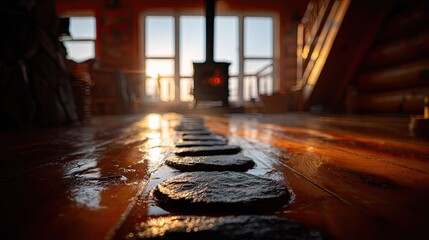Sunbeams on a wooden floor with stone inlays.
